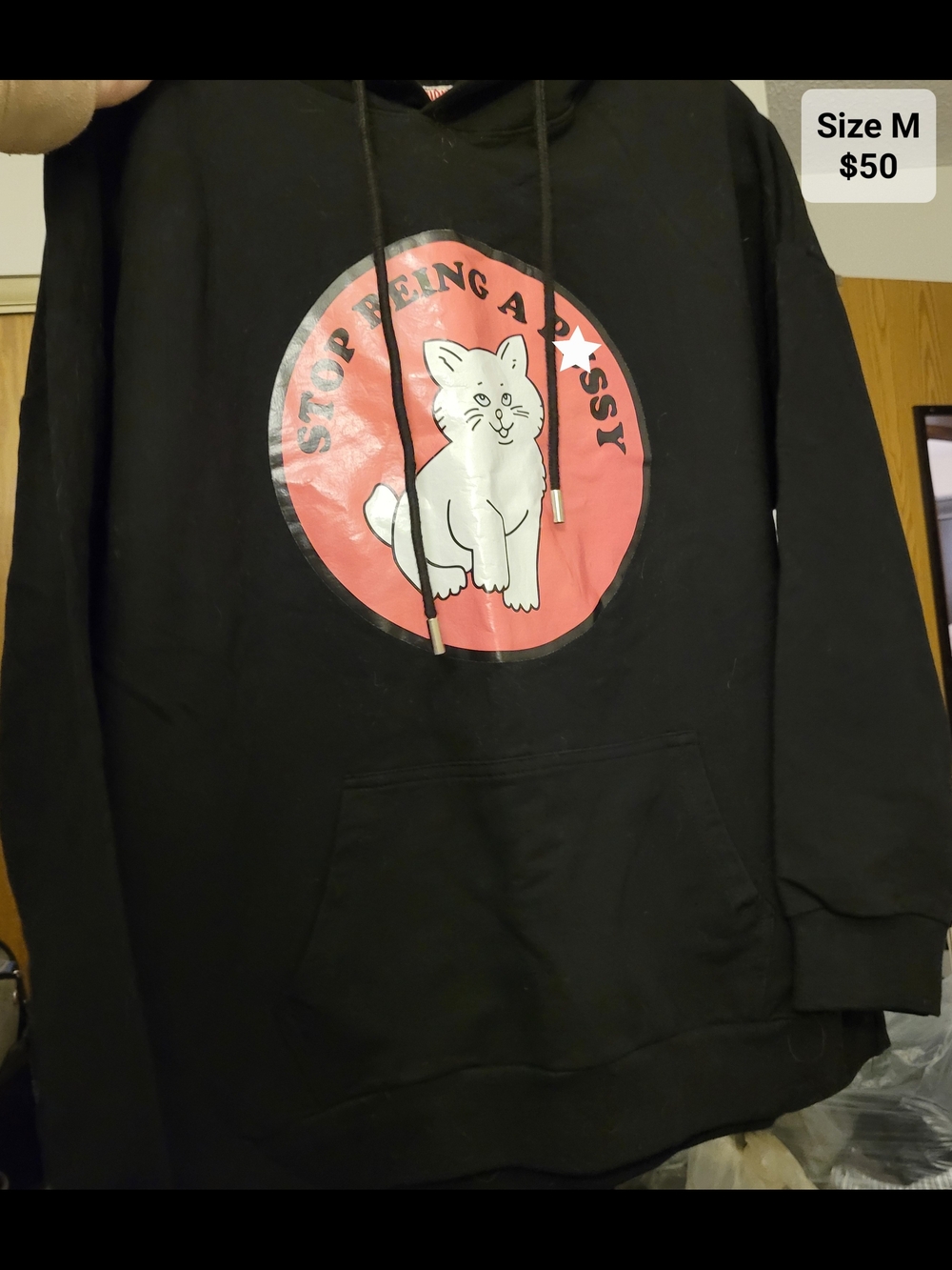 Black Hoodie with Pink Cat Graphic - Unbranded